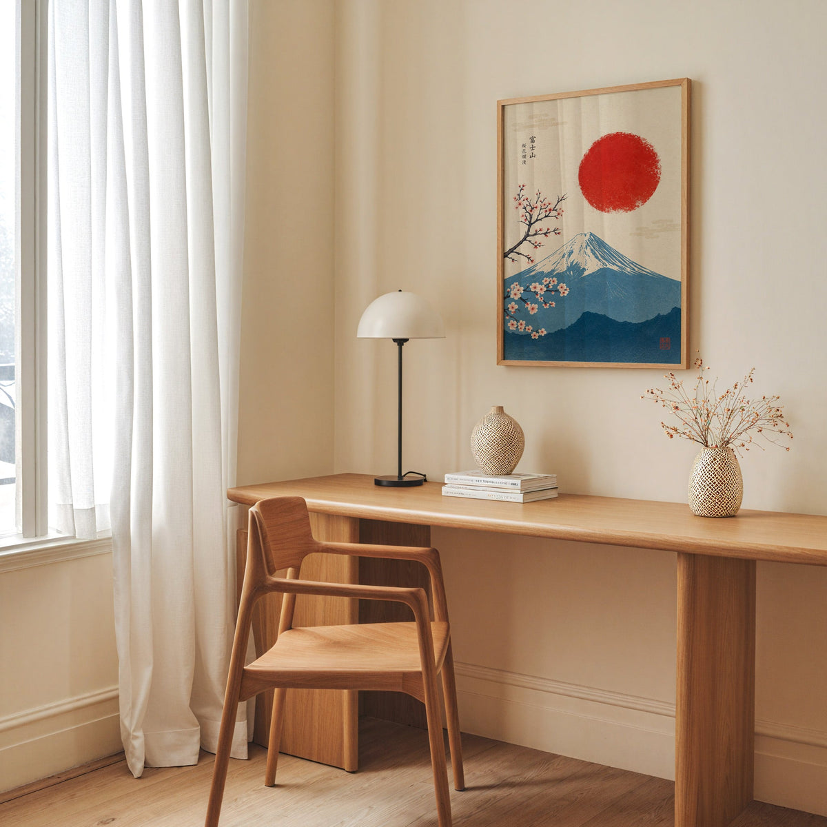 blue Mount Fuji with red sun and sakura print in an oak frame above a long oak desk with a white dome lamp and woven vases