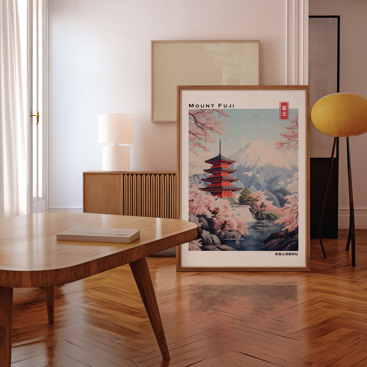 Pastel Chureito Pagoda and Fuji print in a walnut frame leaning in a mid-century living room