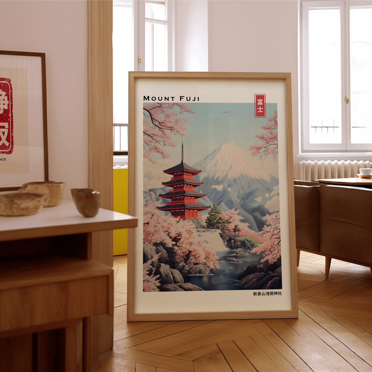 Pastel Chureito Pagoda and Fuji print in an oak frame on the parquet floor of a sunlit living room