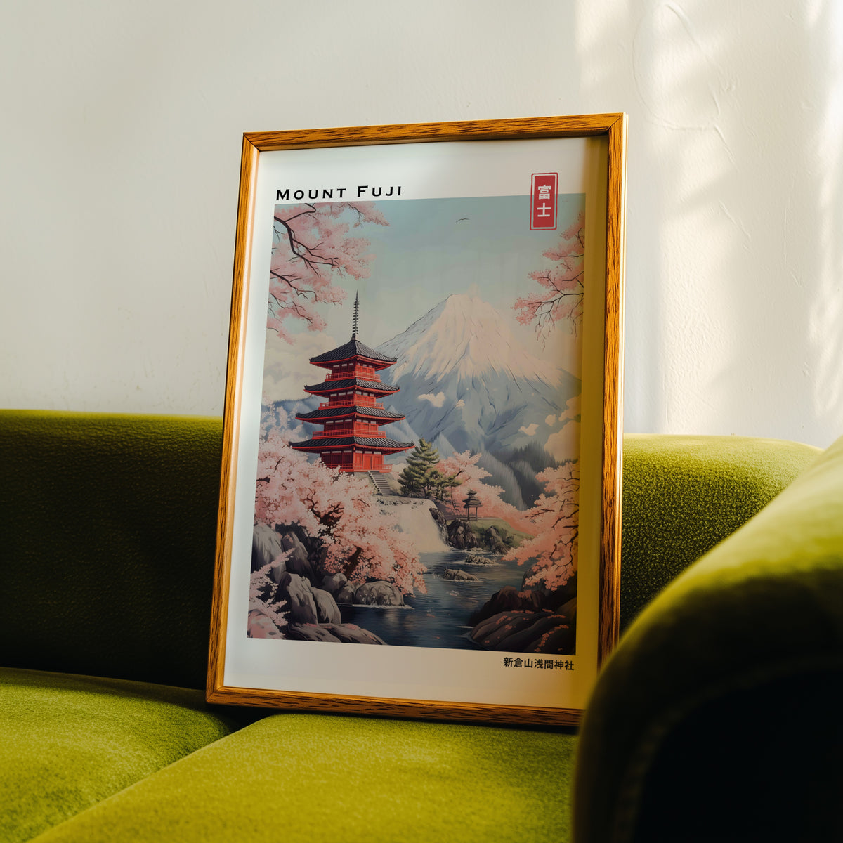Pastel Chureito Pagoda and Fuji print in an oak frame propped on a green velvet sofa