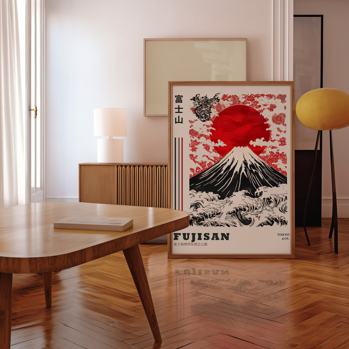 Red sun Mount Fuji floral wave print in a walnut frame leaning in a mid-century living room