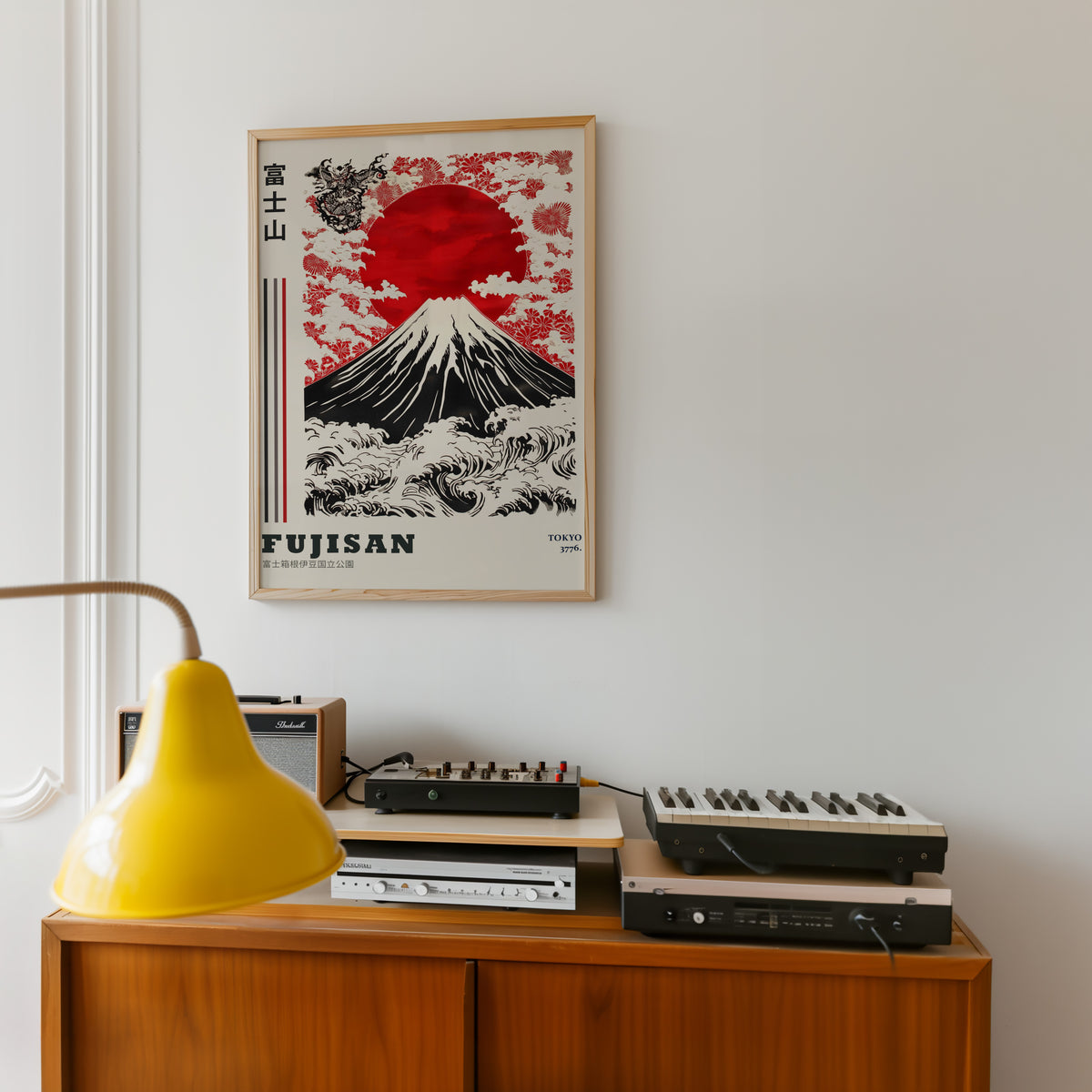 Red sun Mount Fuji floral wave print in an oak frame above a teak sideboard with vintage hi-fi