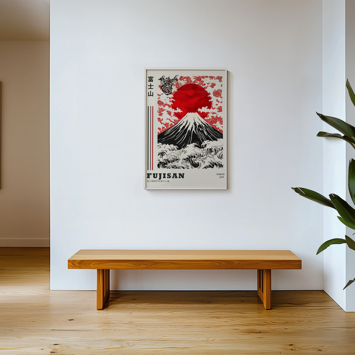 Red sun Mount Fuji floral wave print shown in a white frame above a wooden entryway bench