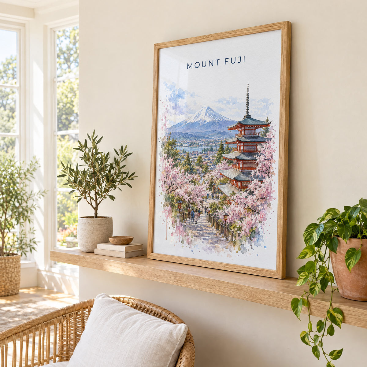 Mount Fuji watercolor print in an oak frame on a picture ledge in a sunlit sunroom