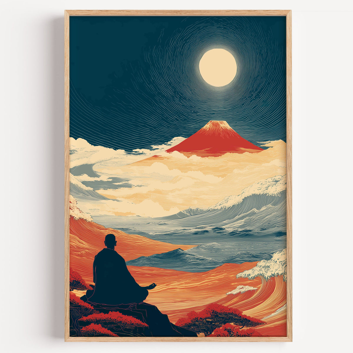 Meditating monk and red Fuji print in a light oak frame on a plain white wall