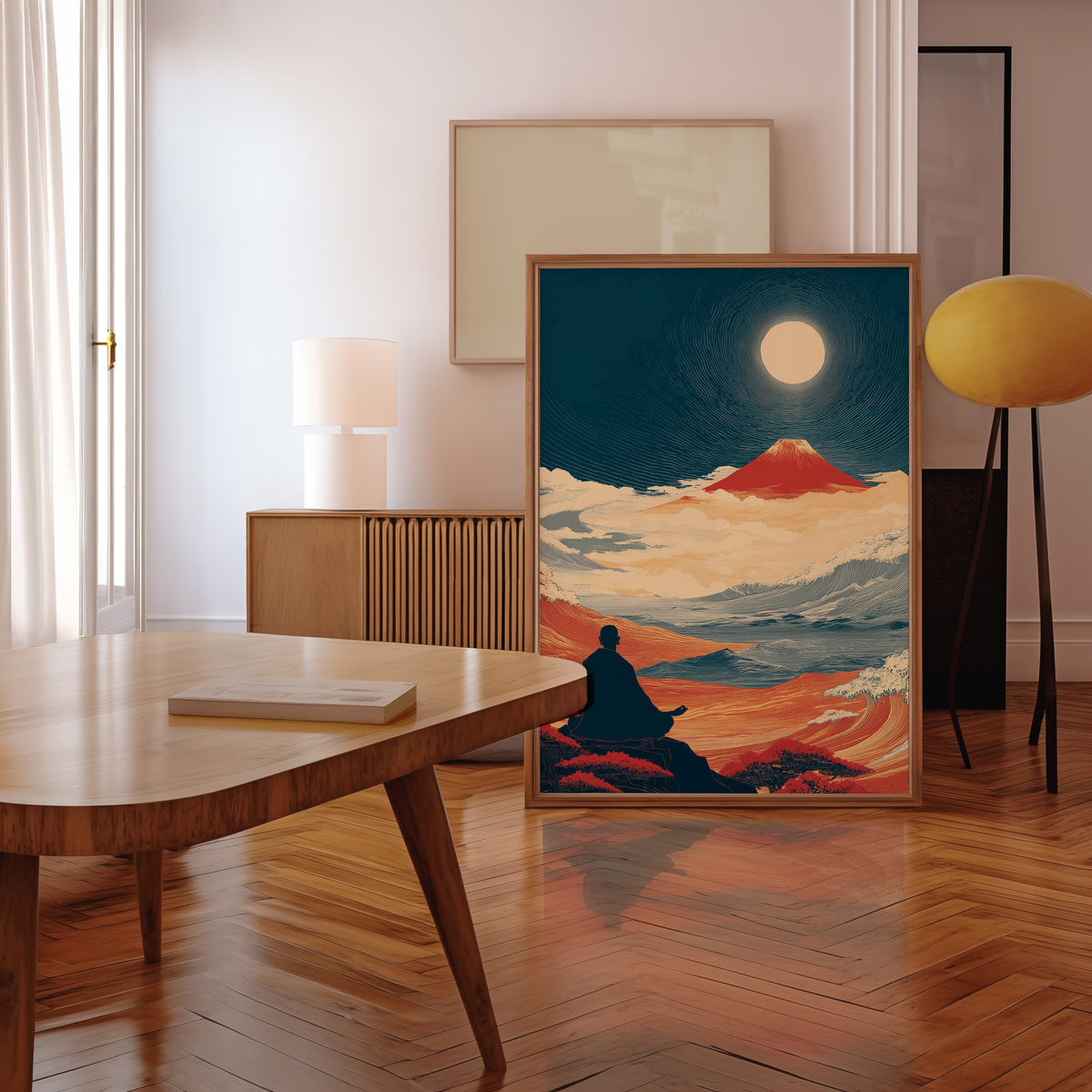 Meditating monk and red Fuji print in a walnut frame leaning in a mid-century living room