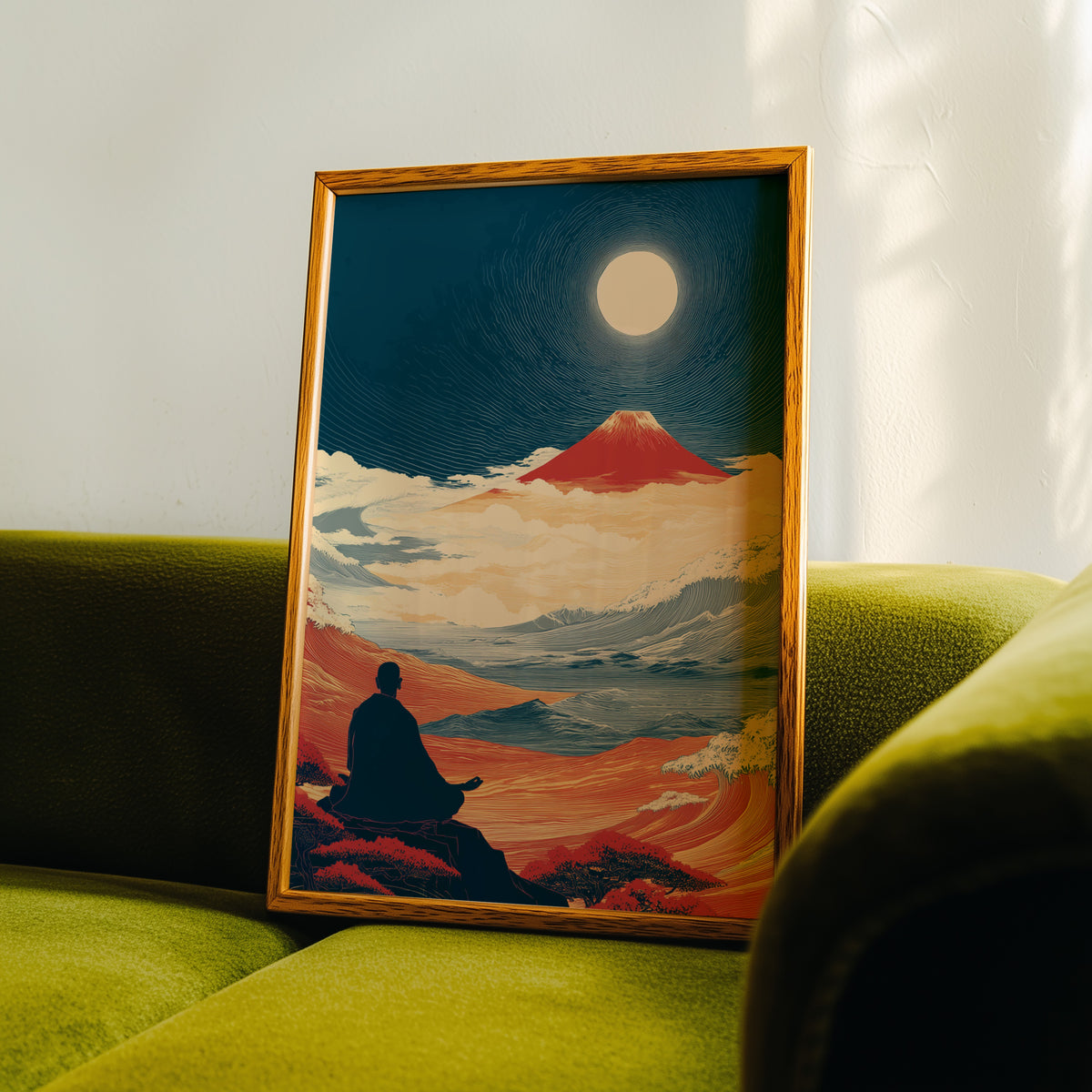 Meditating monk and red Fuji print in an oak frame propped on a green velvet sofa