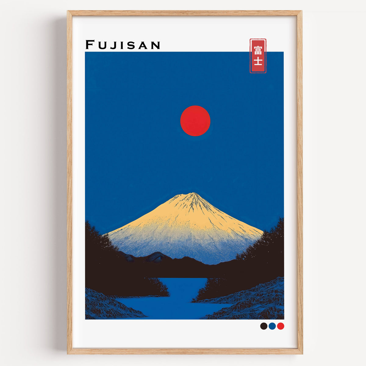 Minimal golden Mount Fuji print in a light oak frame on a plain white wall