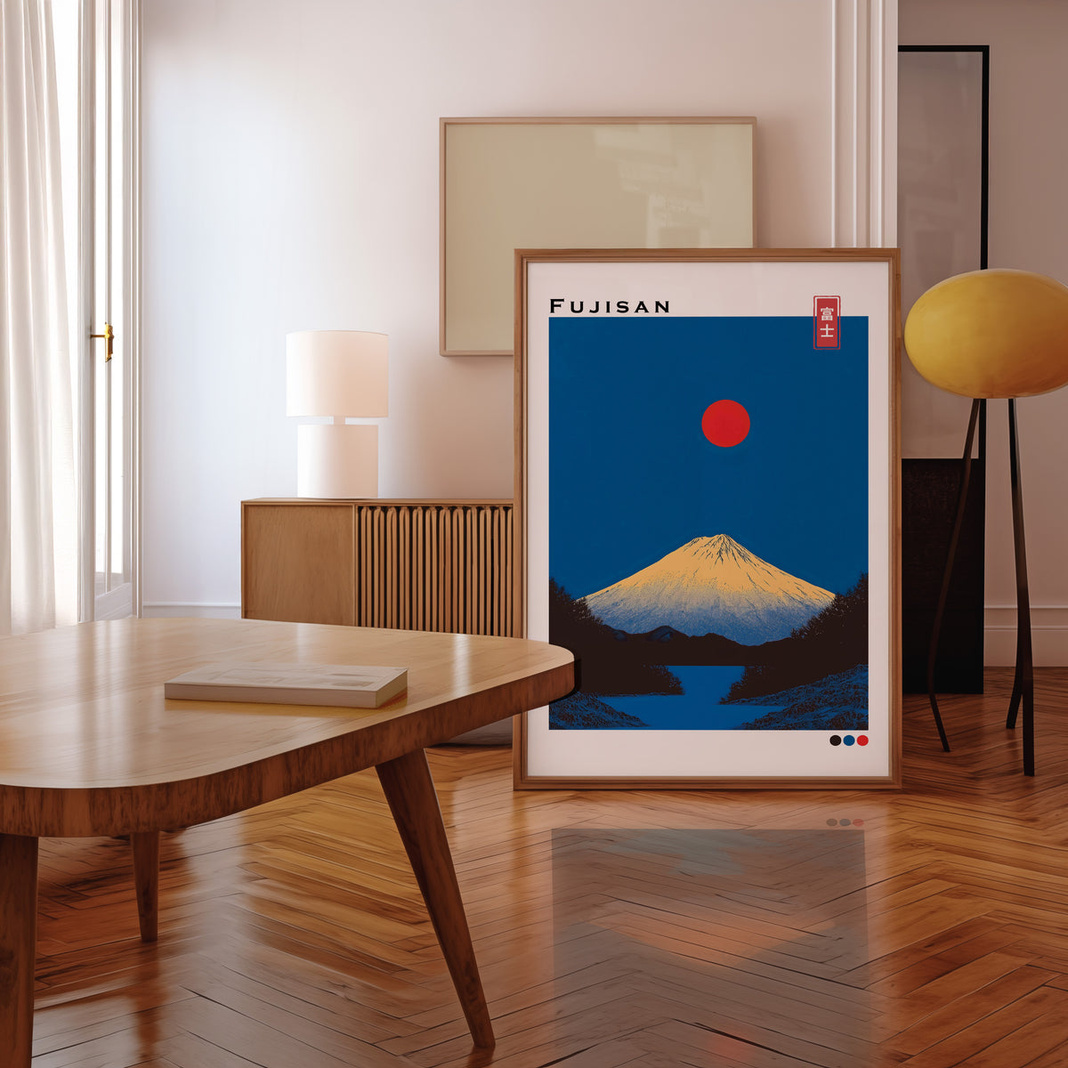 Minimal golden Mount Fuji print in a walnut frame leaning in a mid-century living room