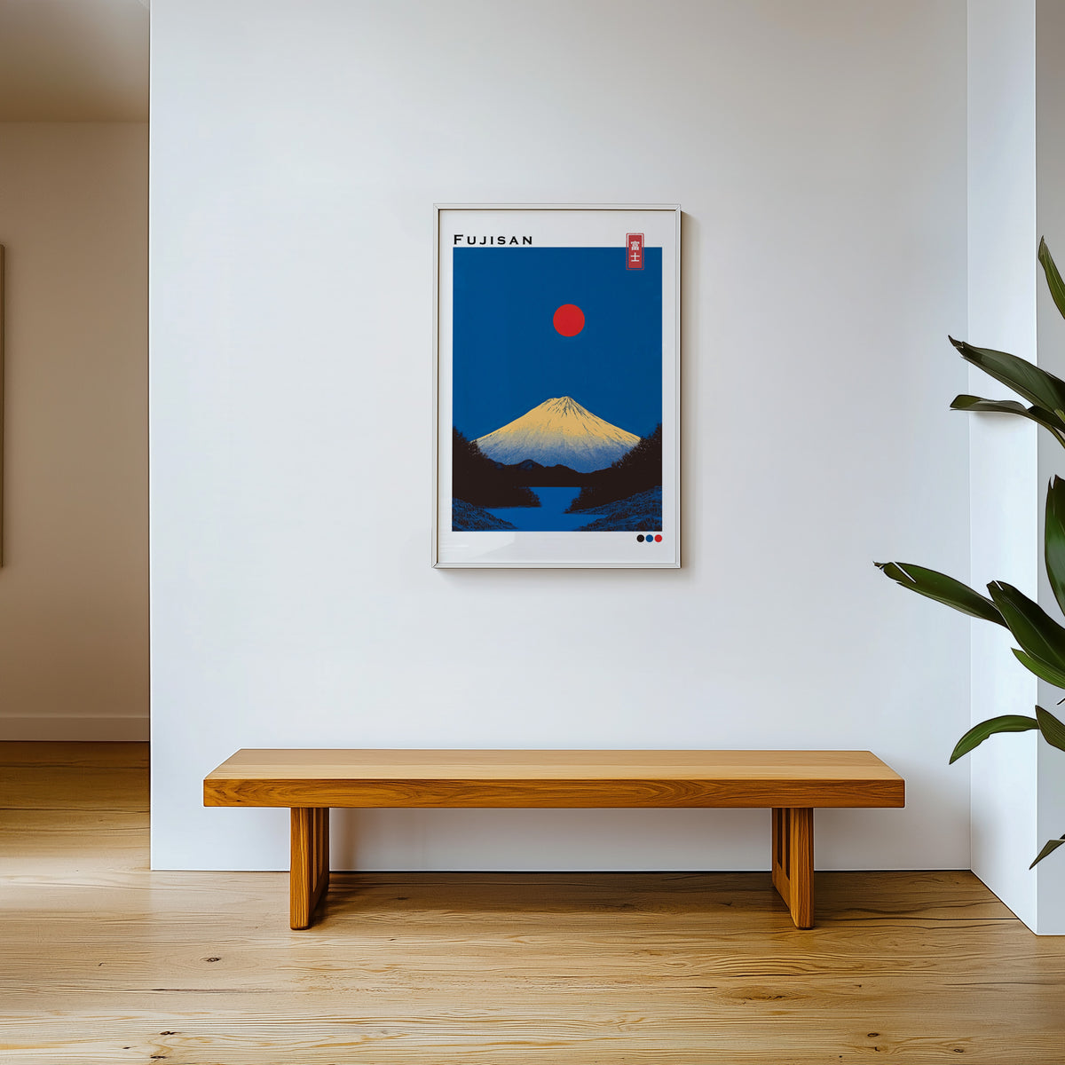Minimal golden Mount Fuji print shown in a white frame above a wooden entryway bench
