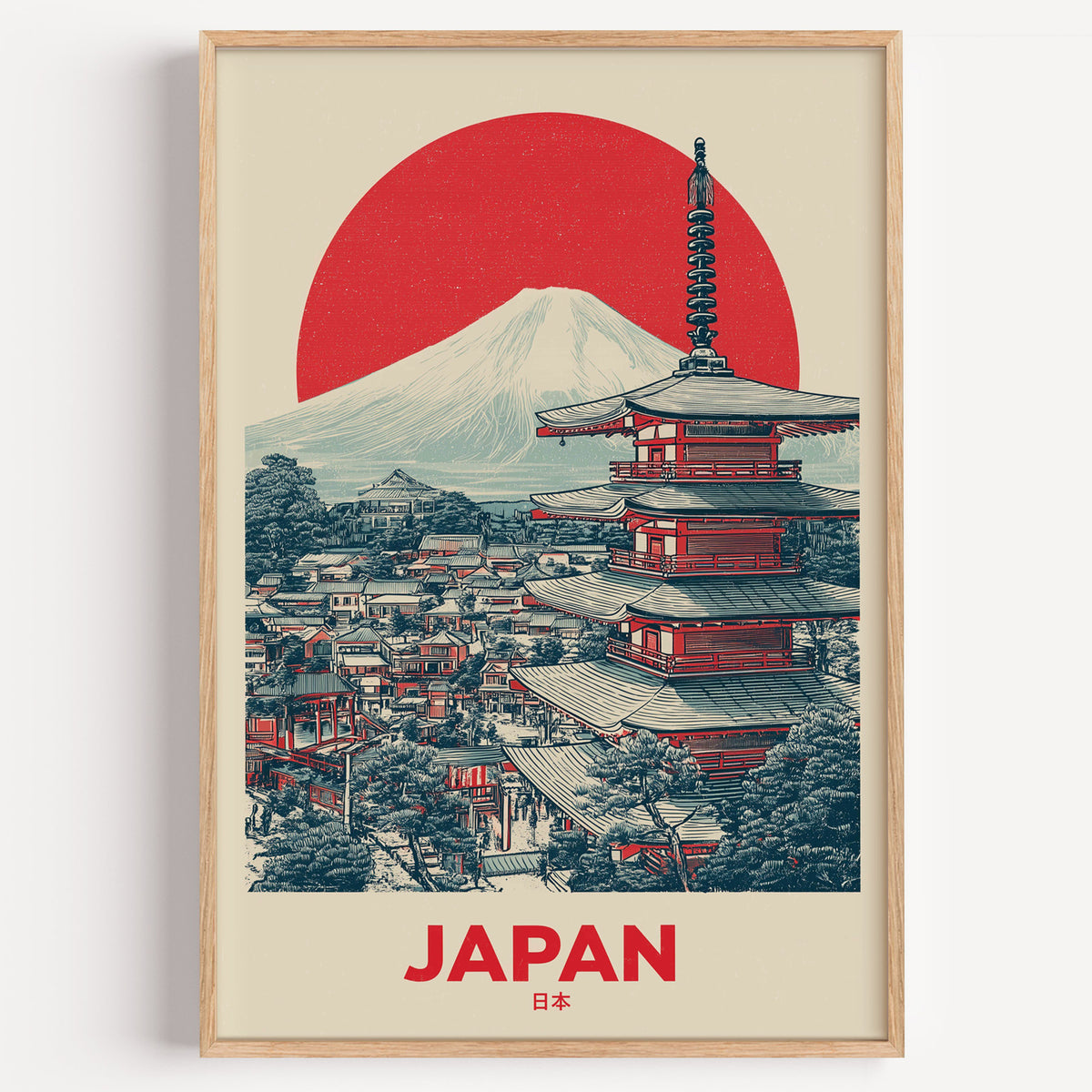 Retro Mount Fuji red pagoda print in a light oak frame on a plain white wall