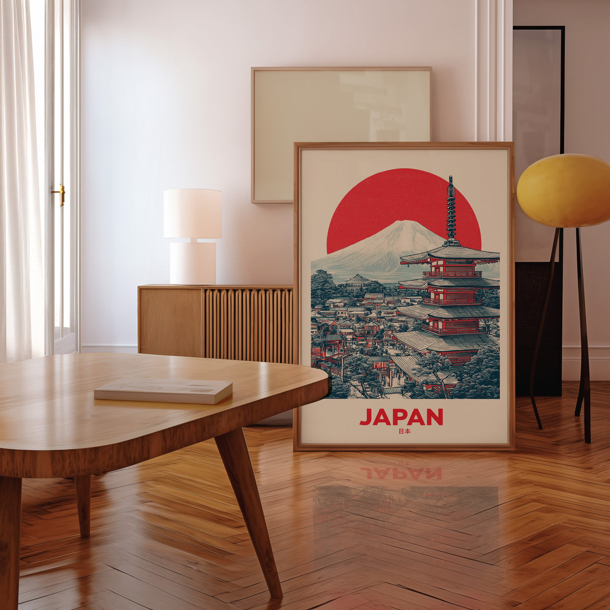 Retro Mount Fuji red pagoda print in a walnut frame leaning in a mid-century living room