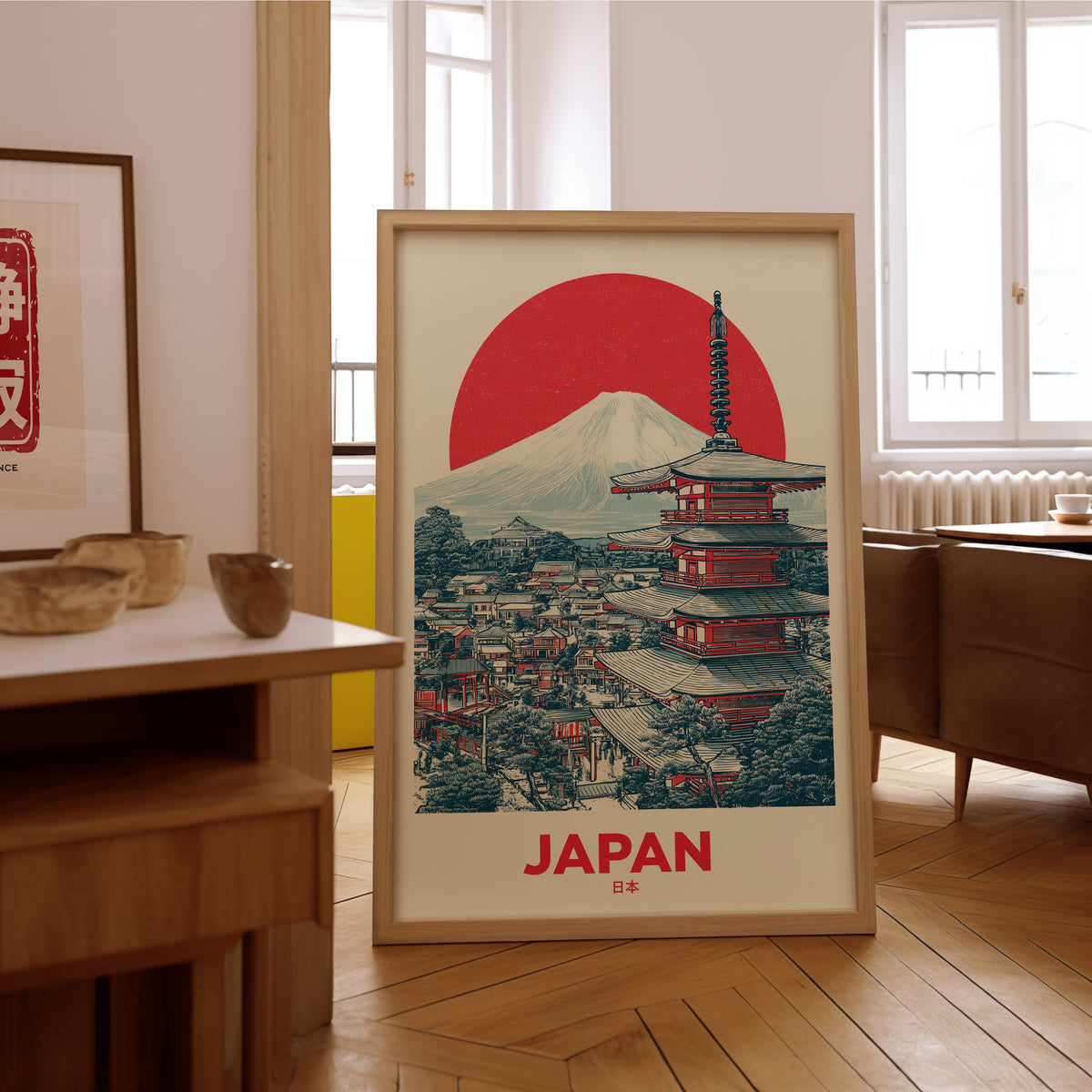 Retro Mount Fuji red pagoda print in an oak frame on the parquet floor of a sunlit living room