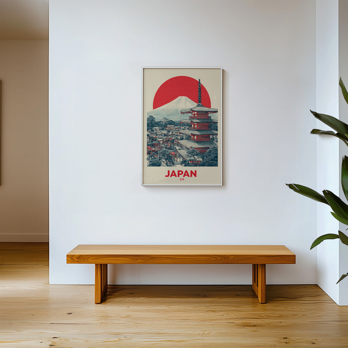 Retro Mount Fuji red pagoda print shown in a white frame above a wooden entryway bench