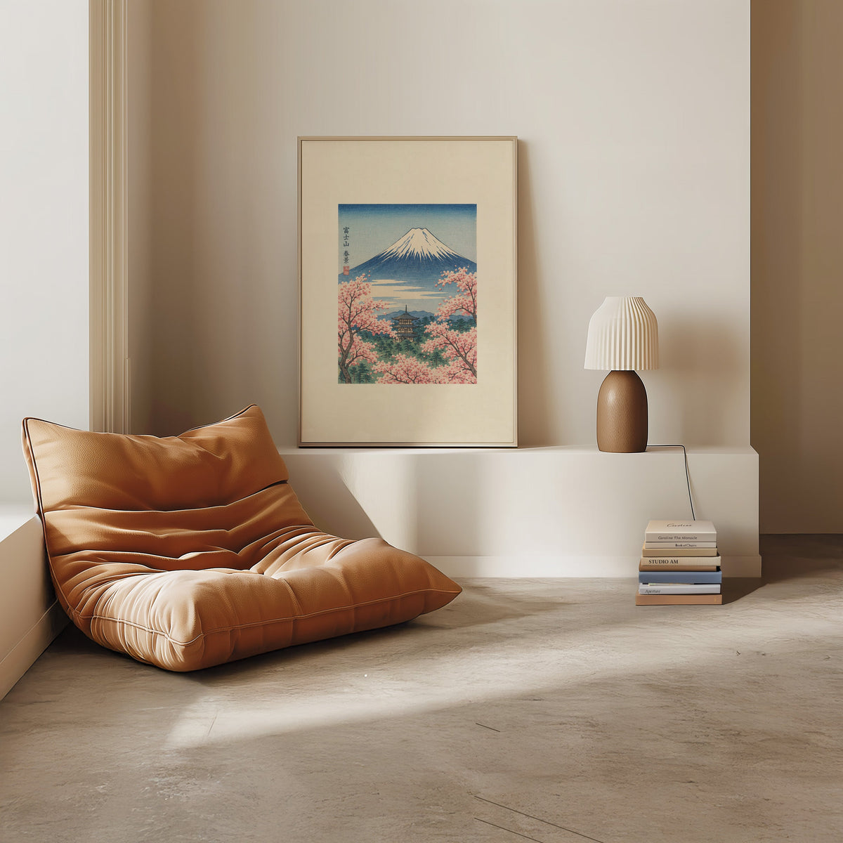 Mount Fuji with pagoda in spring print in a light oak frame on a white ledge by a tan leather floor chair