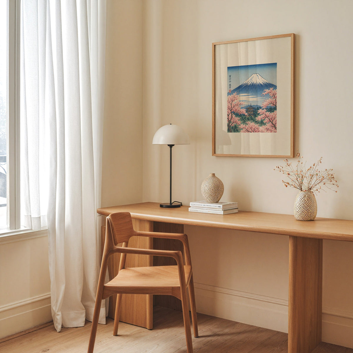 Mount Fuji with pagoda in spring print in an oak frame above a long oak desk with a white dome lamp and woven vases