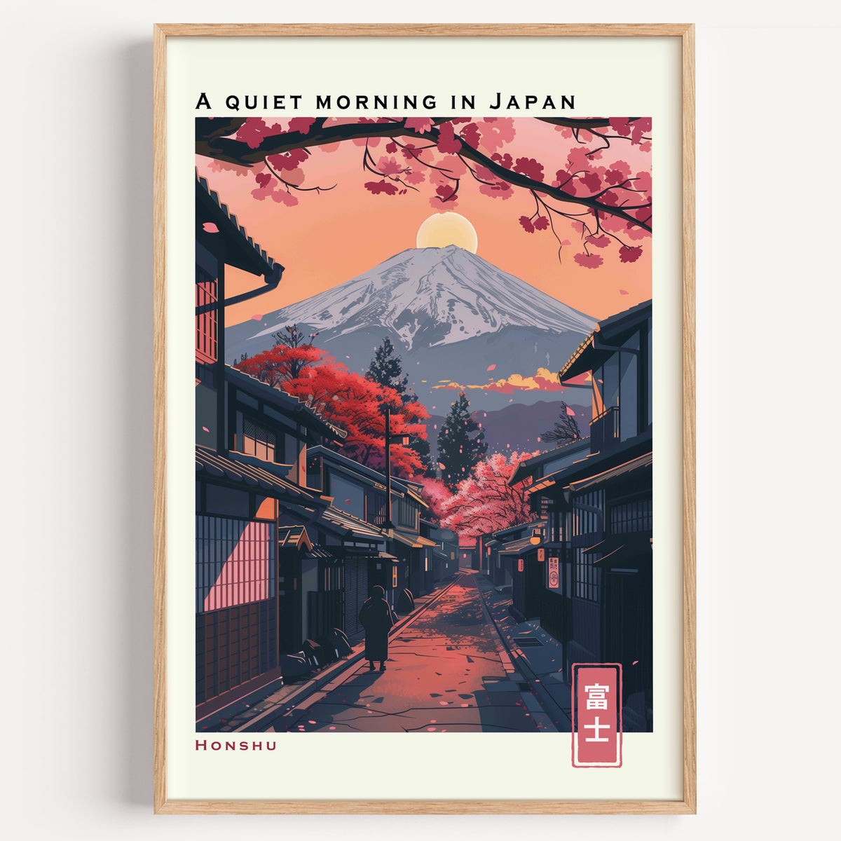 Quiet morning Fuji street print in a light oak frame on a plain white wall