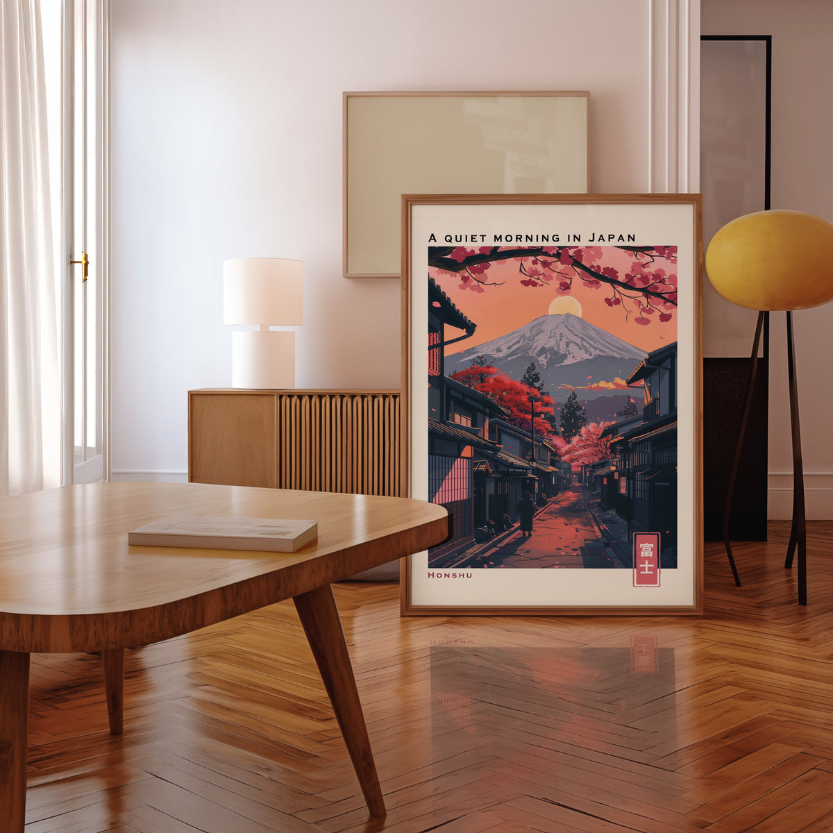 Quiet morning Fuji street print in a walnut frame leaning in a mid-century living room