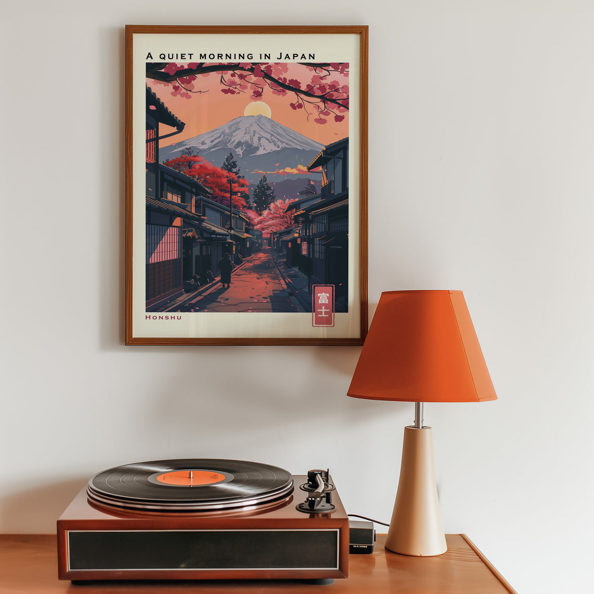 Quiet morning Fuji street print in a walnut frame above a sideboard with a record player