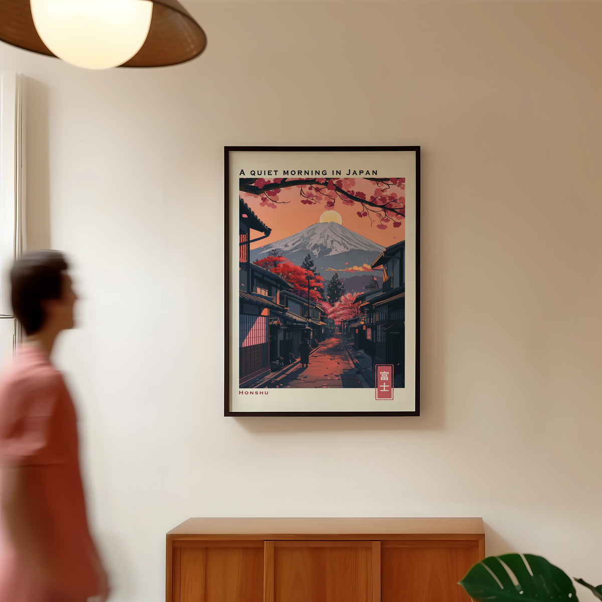 Quiet morning Fuji street print in a black frame in a hallway under a rattan pendant