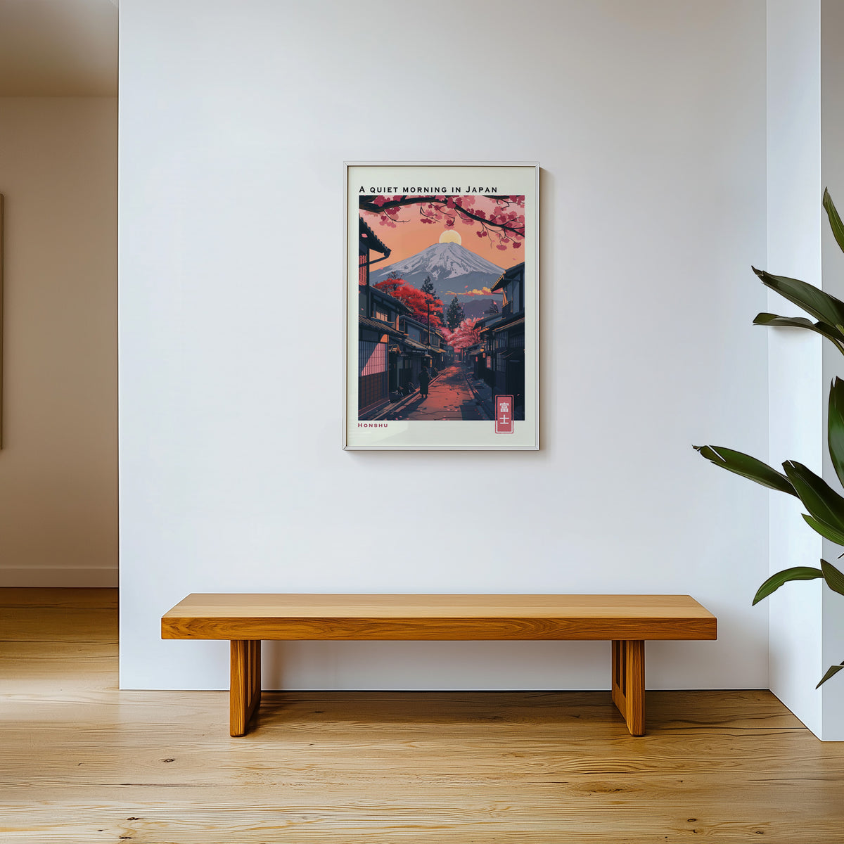 Quiet morning Fuji street print shown in a white frame above a wooden entryway bench