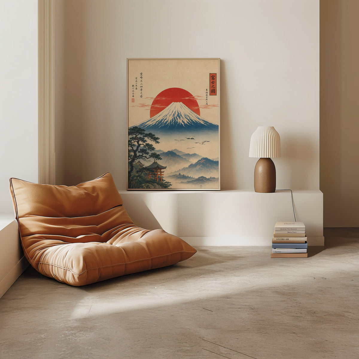 Mount Fuji with red sun and flying cranes print in a light oak frame on a white ledge by a tan leather floor chair