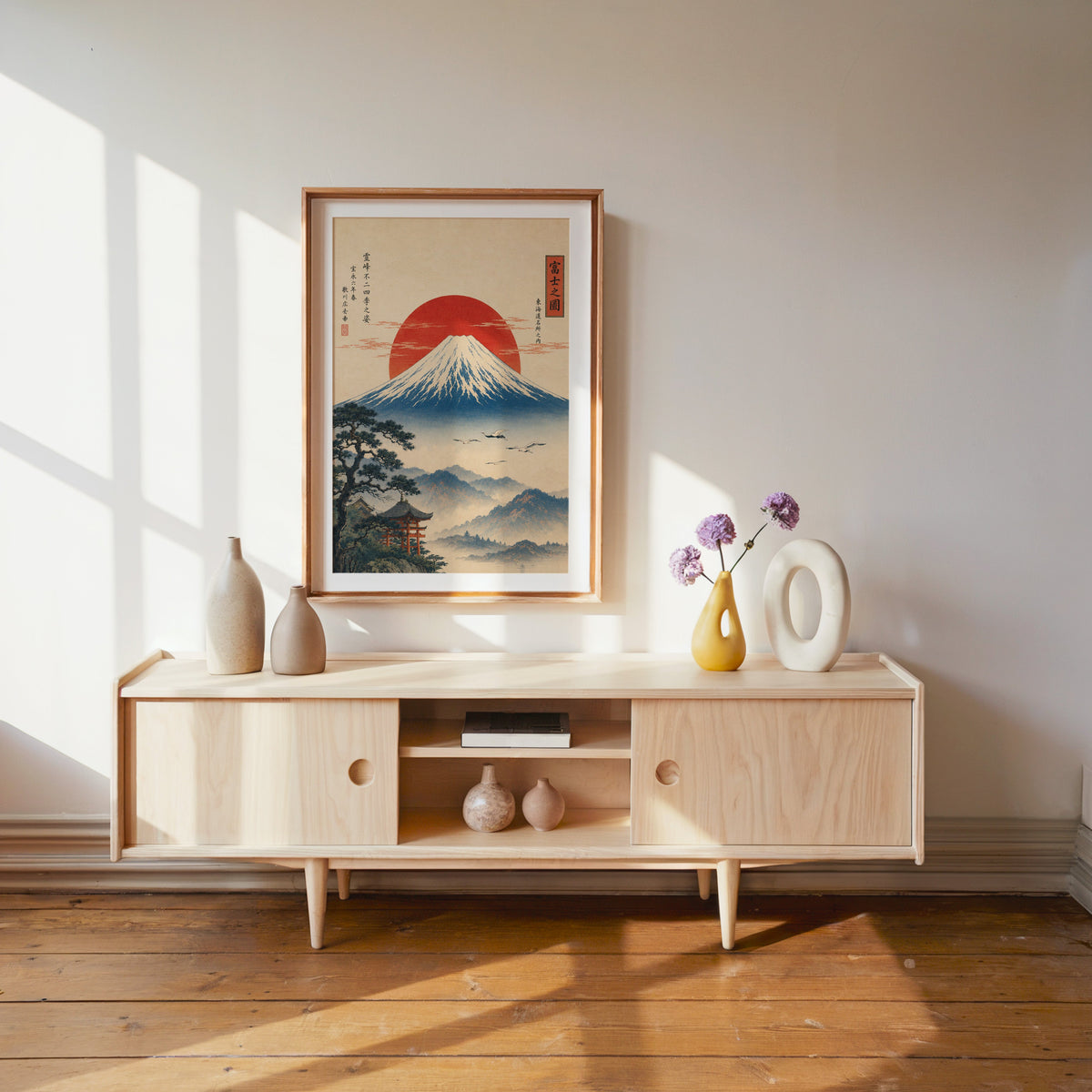 Mount Fuji with red sun and flying cranes print shown in a wood frame with a white mat above a pale wood media console