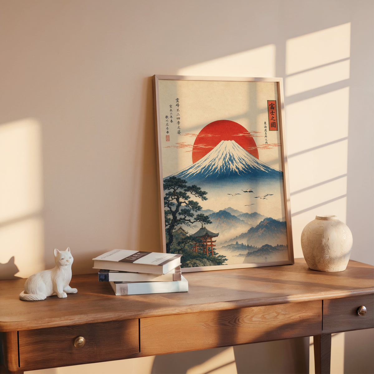 Mount Fuji with red sun and flying cranes print shown in a rose gold frame leaning on a wooden writing desk with books