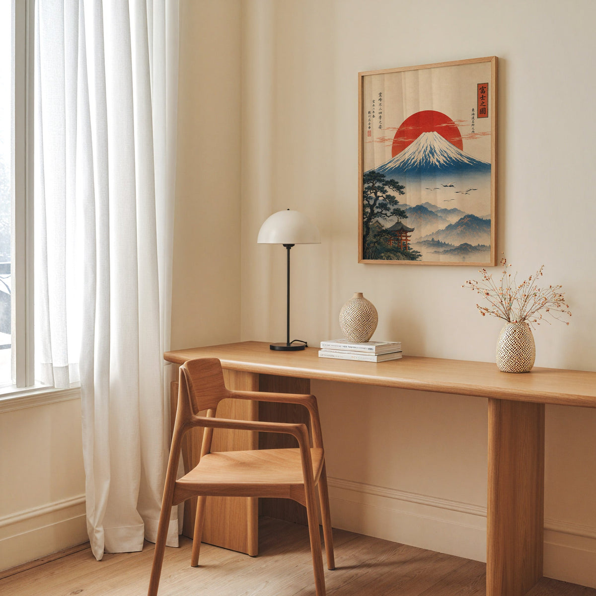 Mount Fuji with red sun and flying cranes print in an oak frame above a long oak desk with a white dome lamp and woven vases