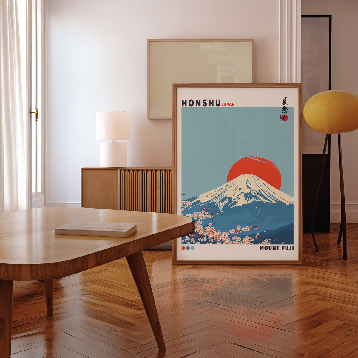 Mount Fuji red sun sakura print in a walnut frame leaning in a mid-century living room