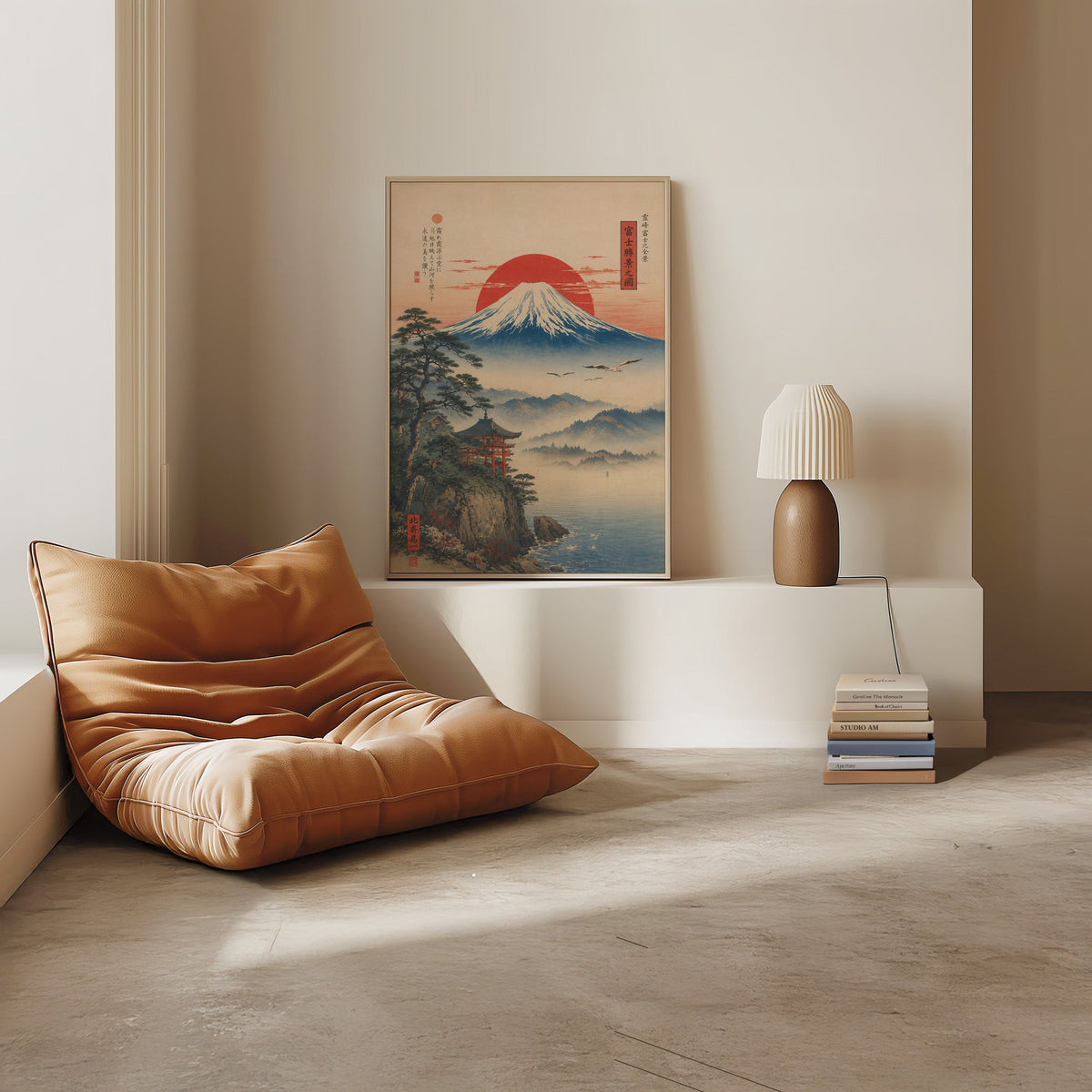 Mount Fuji sunrise with cliff shrine print in a light oak frame on a white ledge by a tan leather floor chair