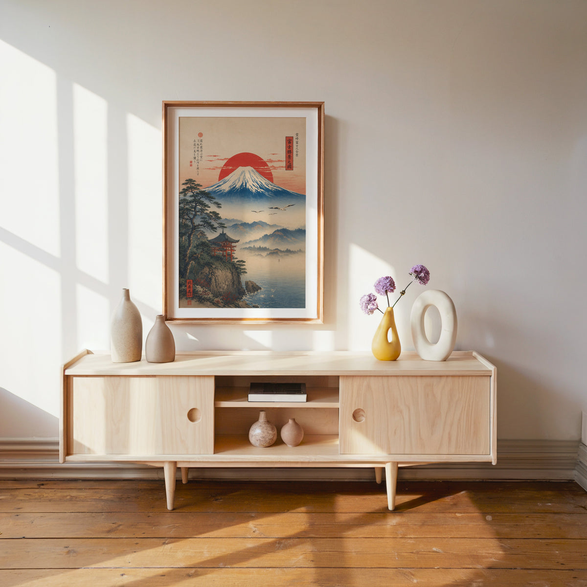 Mount Fuji sunrise with cliff shrine print shown in a wood frame with a white mat above a pale wood media console