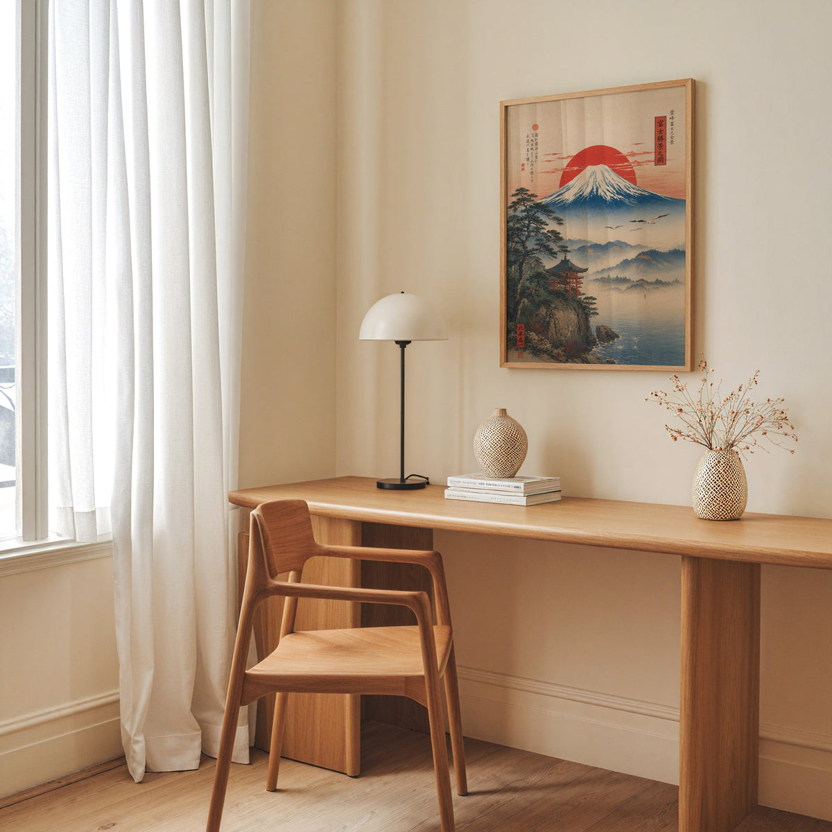 Mount Fuji sunrise with cliff shrine print in an oak frame above a long oak desk with a white dome lamp and woven vases