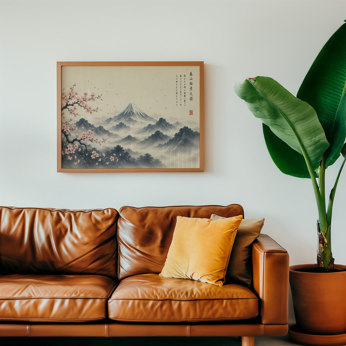 Mount Fuji and sakura ink painting print in a warm oak frame above a cognac leather sofa with a mustard pillow