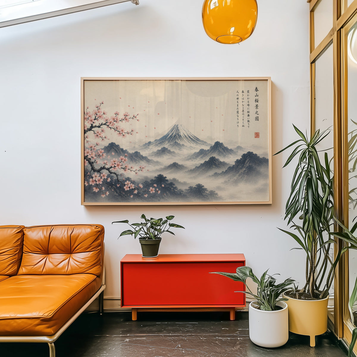 Mount Fuji and sakura ink painting print in a light wood frame above a red cabinet beside a tan leather daybed