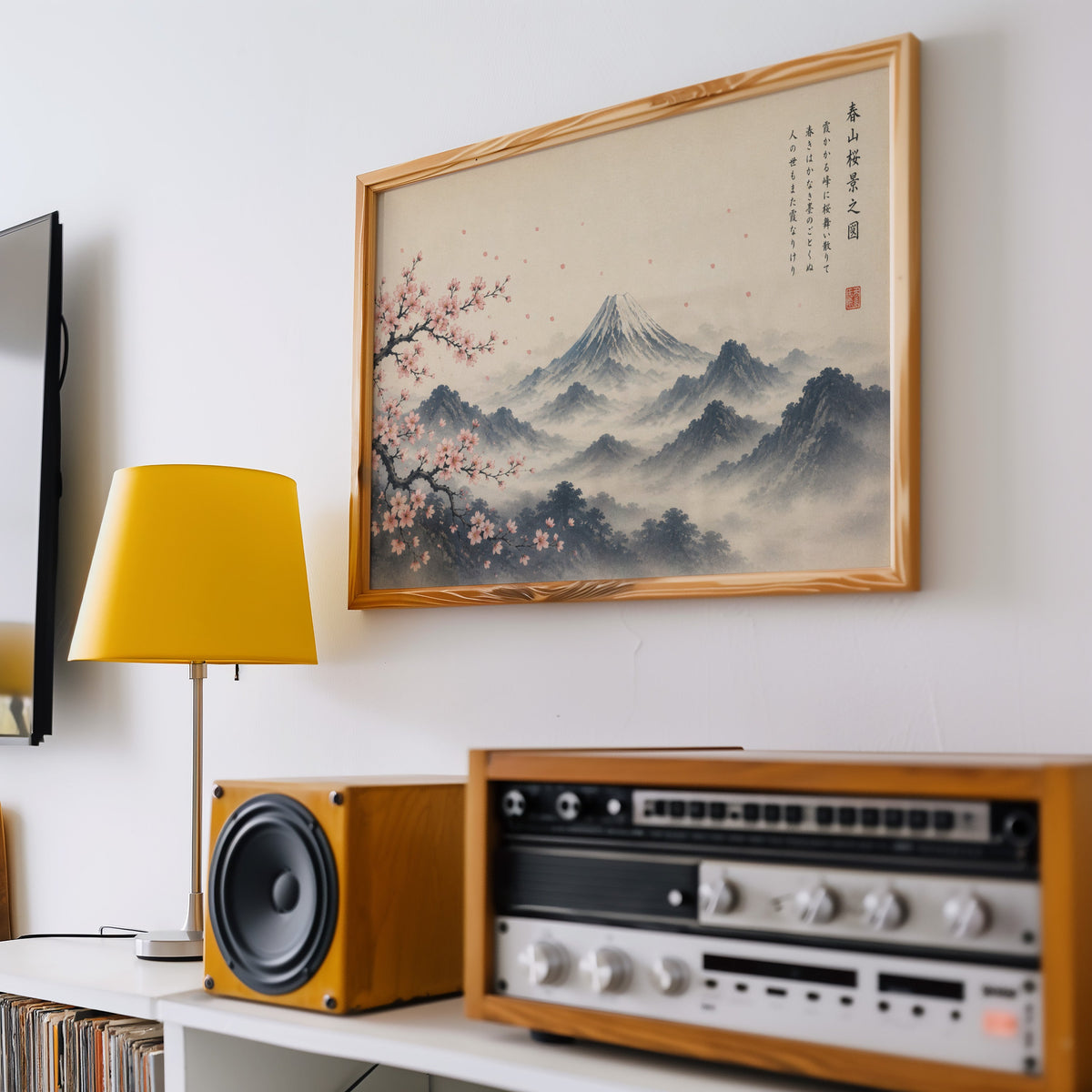 Mount Fuji and sakura ink painting print in a pine frame above a vintage stereo and a yellow table lamp