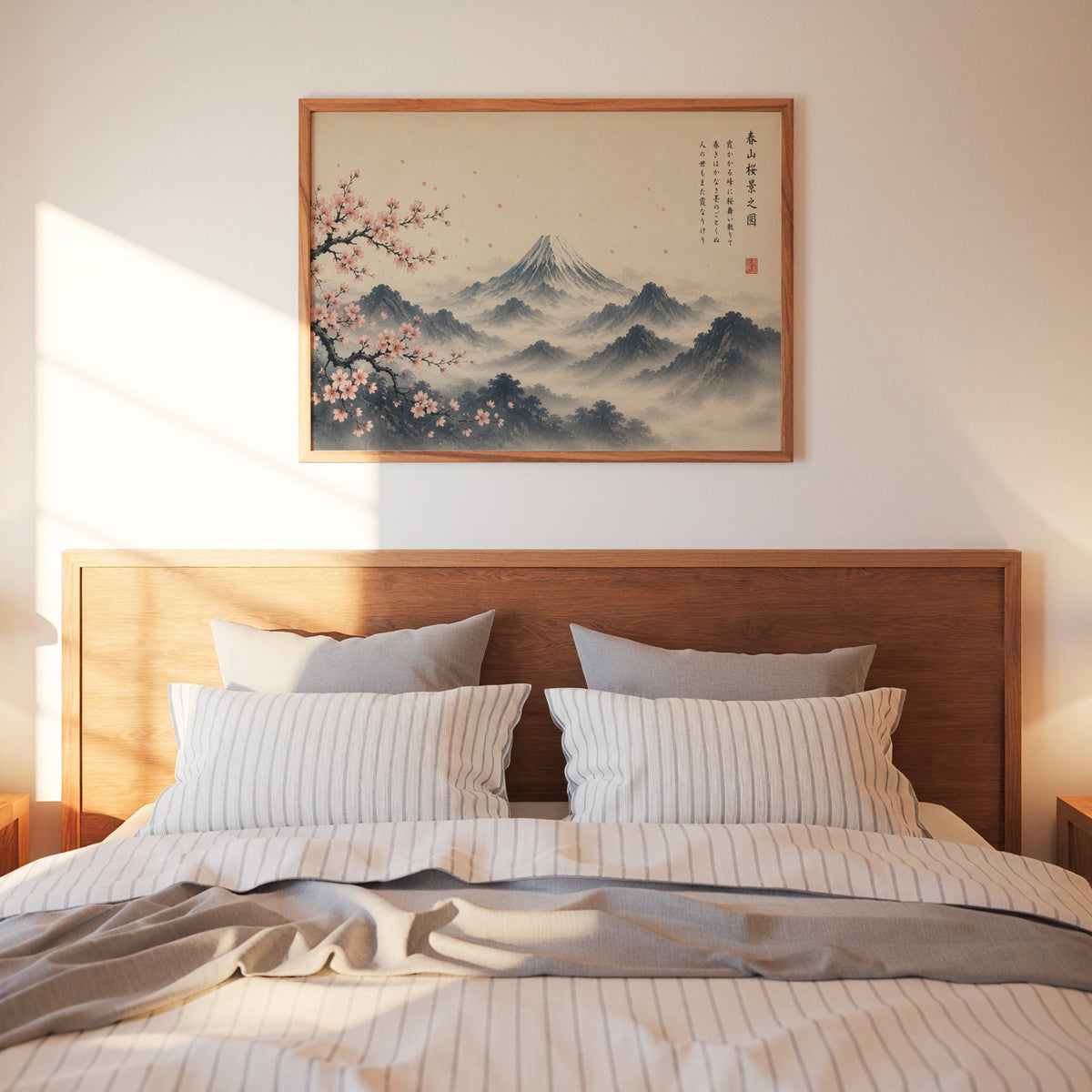 Mount Fuji and sakura ink painting print in a warm wood frame above a bed with striped linen bedding