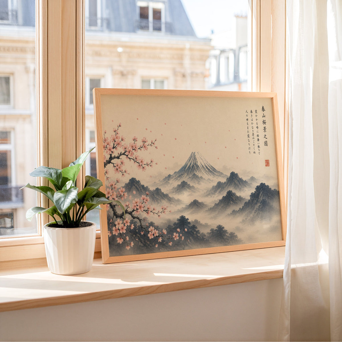 Mount Fuji and sakura ink painting print in a light wood frame leaning on a sunny windowsill by sheer curtains