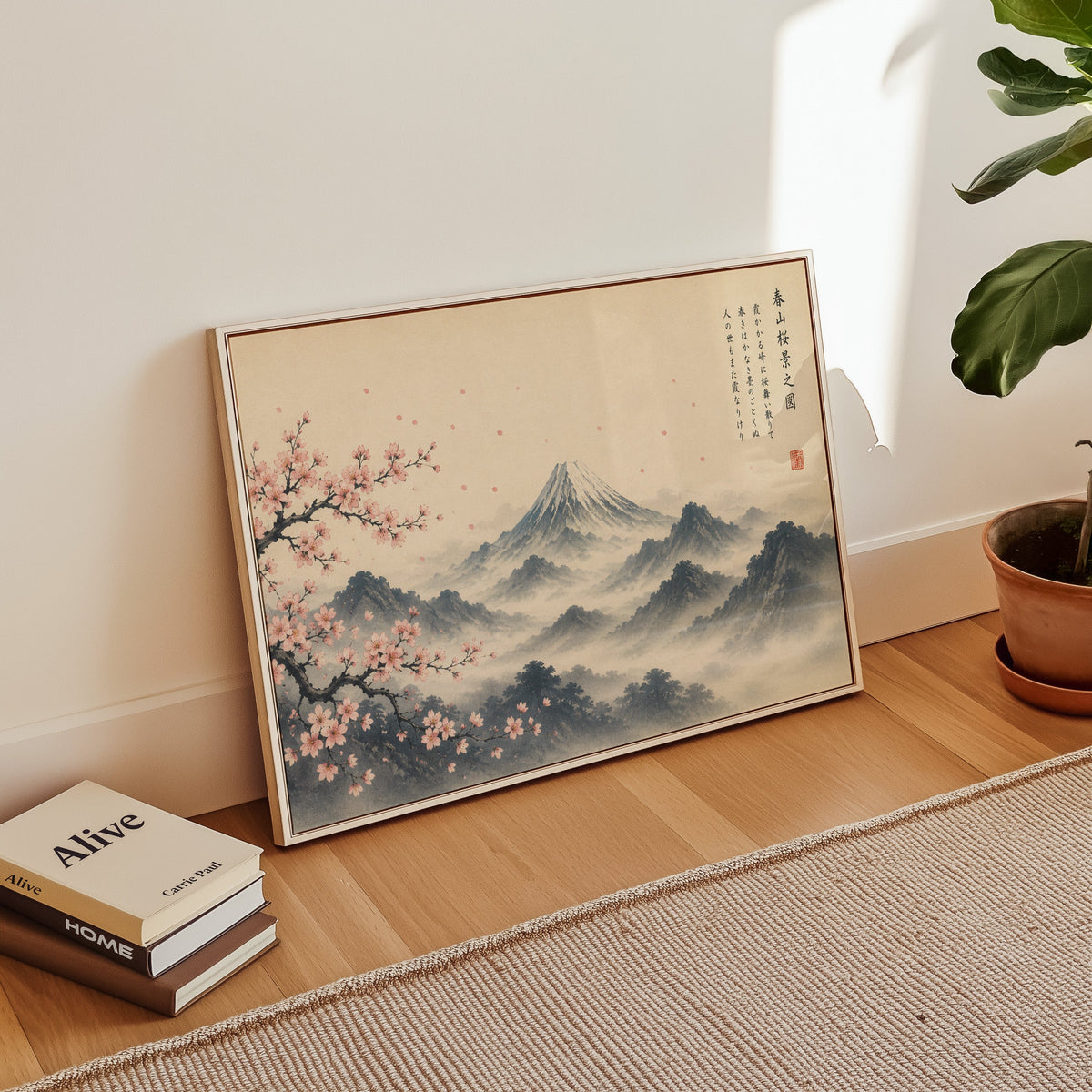 Mount Fuji and sakura ink painting print in a white floater frame leaning on a wood floor beside stacked books