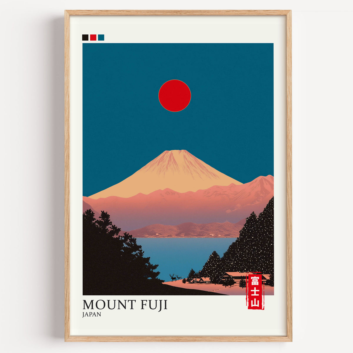 Minimalist Fuji teal sky print in a light oak frame on a plain white wall