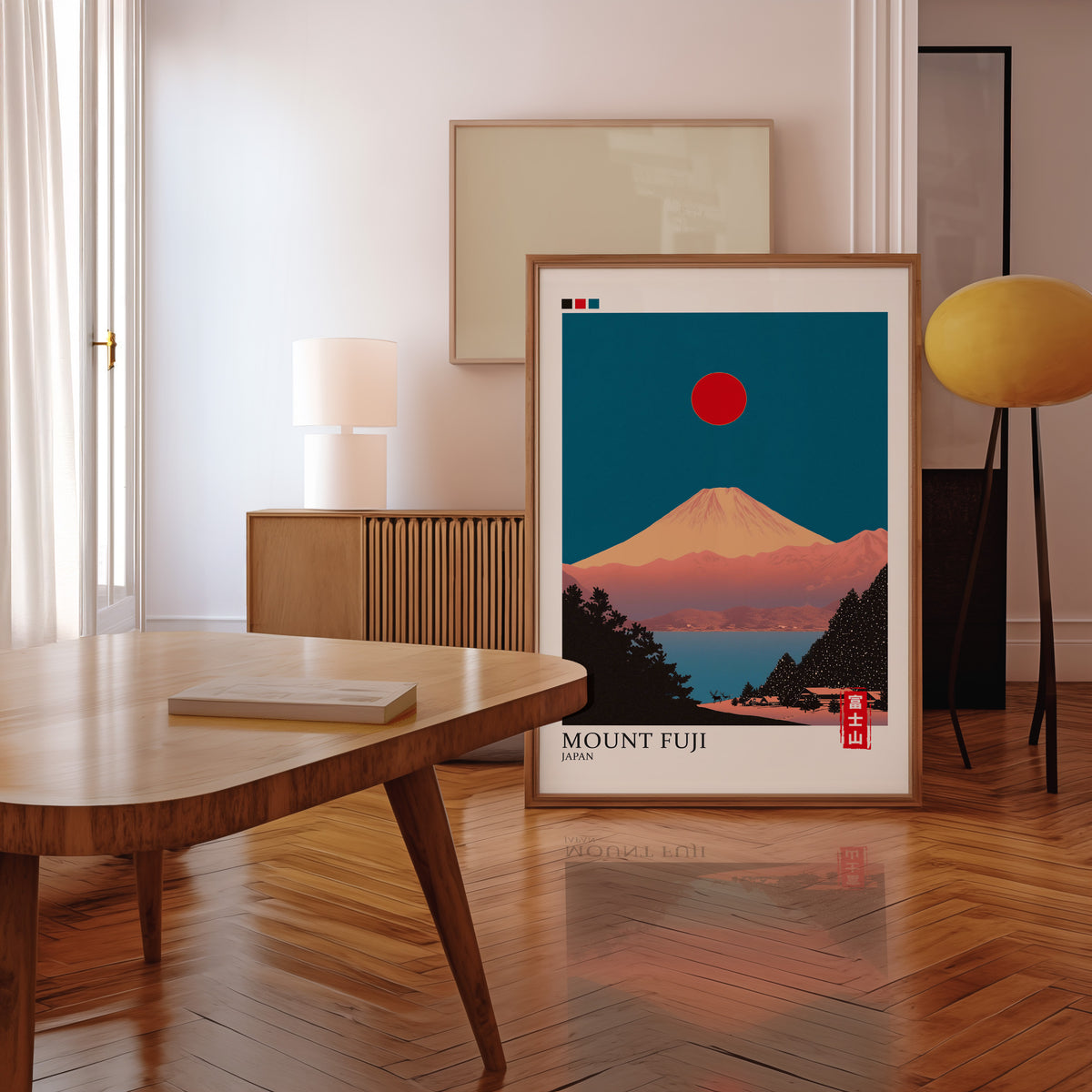 Minimalist Fuji teal sky print in a walnut frame leaning in a mid-century living room