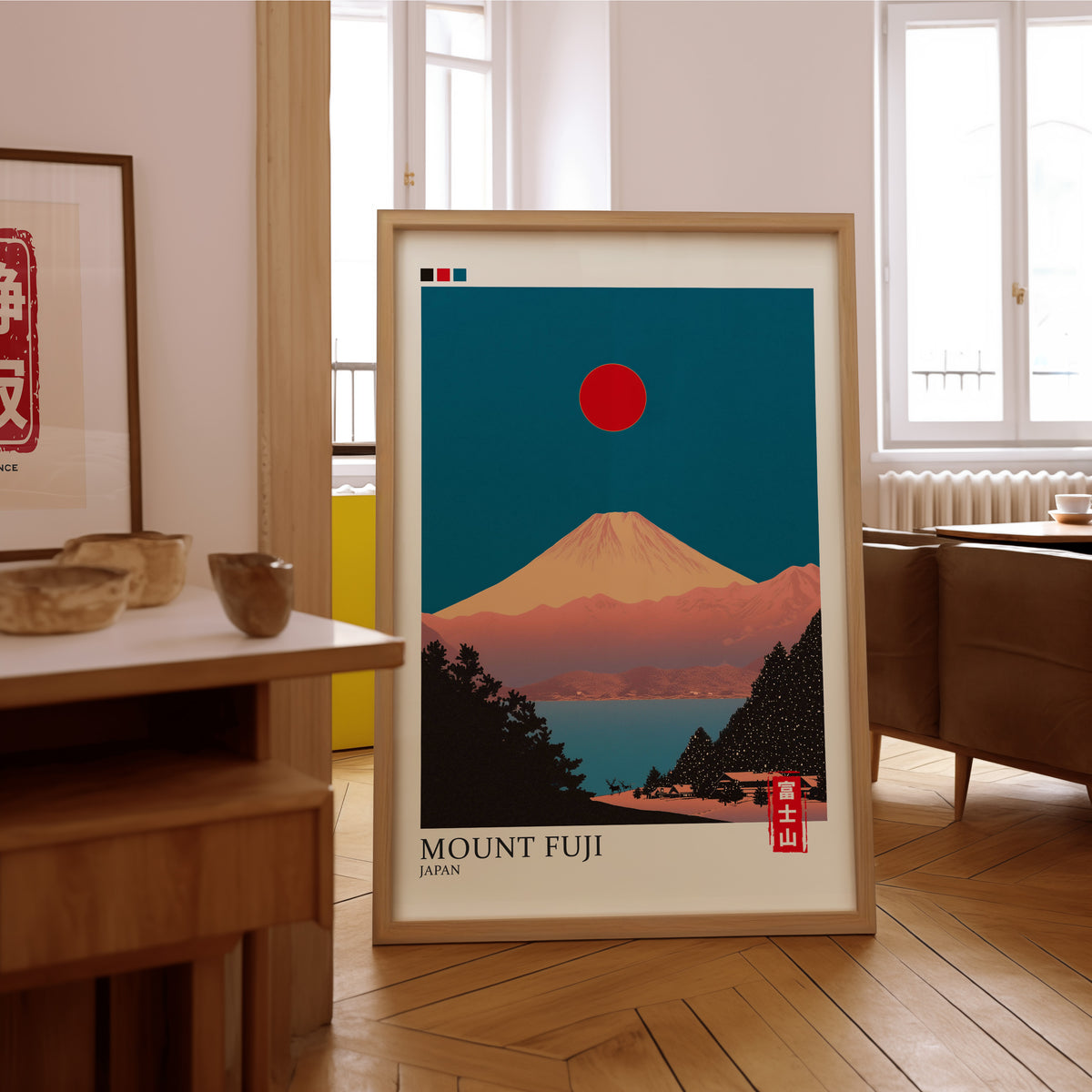 Minimalist Fuji teal sky print in an oak frame on the parquet floor of a sunlit living room