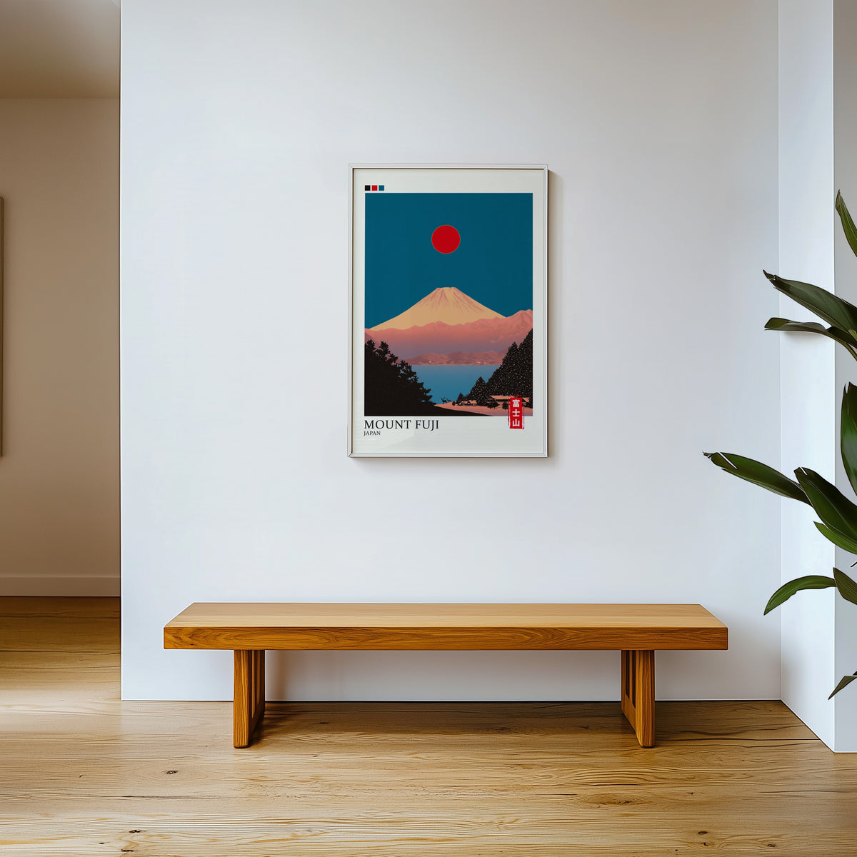 Minimalist Fuji teal sky print shown in a white frame above a wooden entryway bench