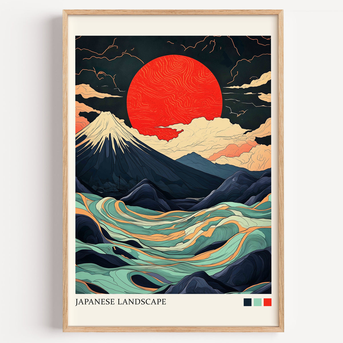 Fuji teal waves red sun print in a light oak frame on a plain white wall