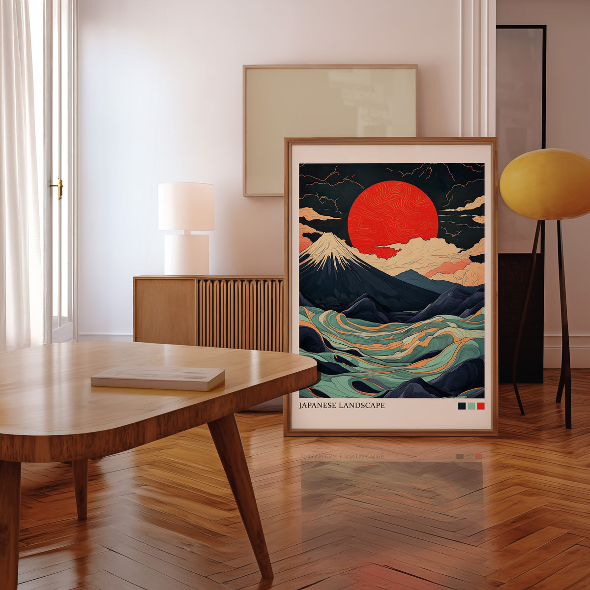 Fuji teal waves red sun print in a walnut frame leaning in a mid-century living room