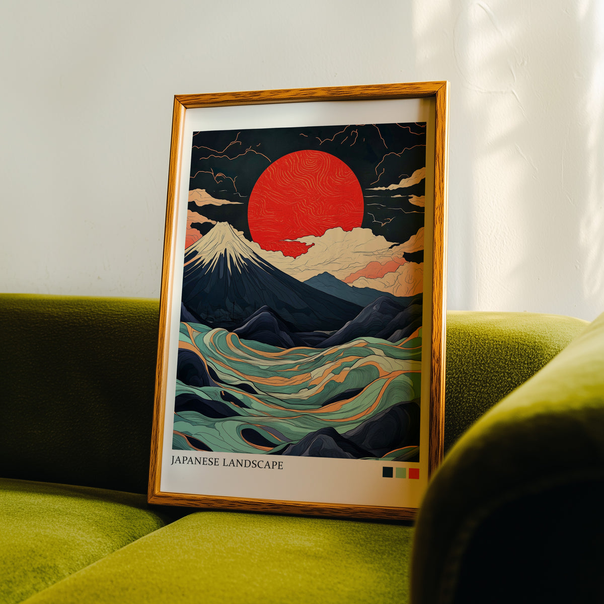 Fuji teal waves red sun print in an oak frame propped on a green velvet sofa