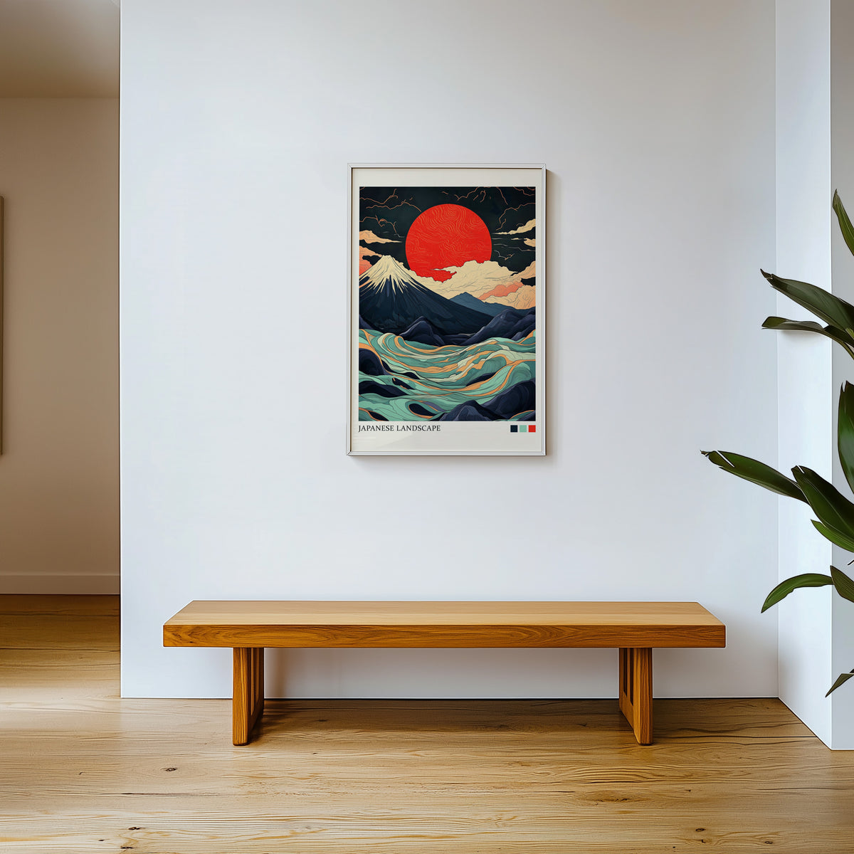 Fuji teal waves red sun print shown in a white frame above a wooden entryway bench