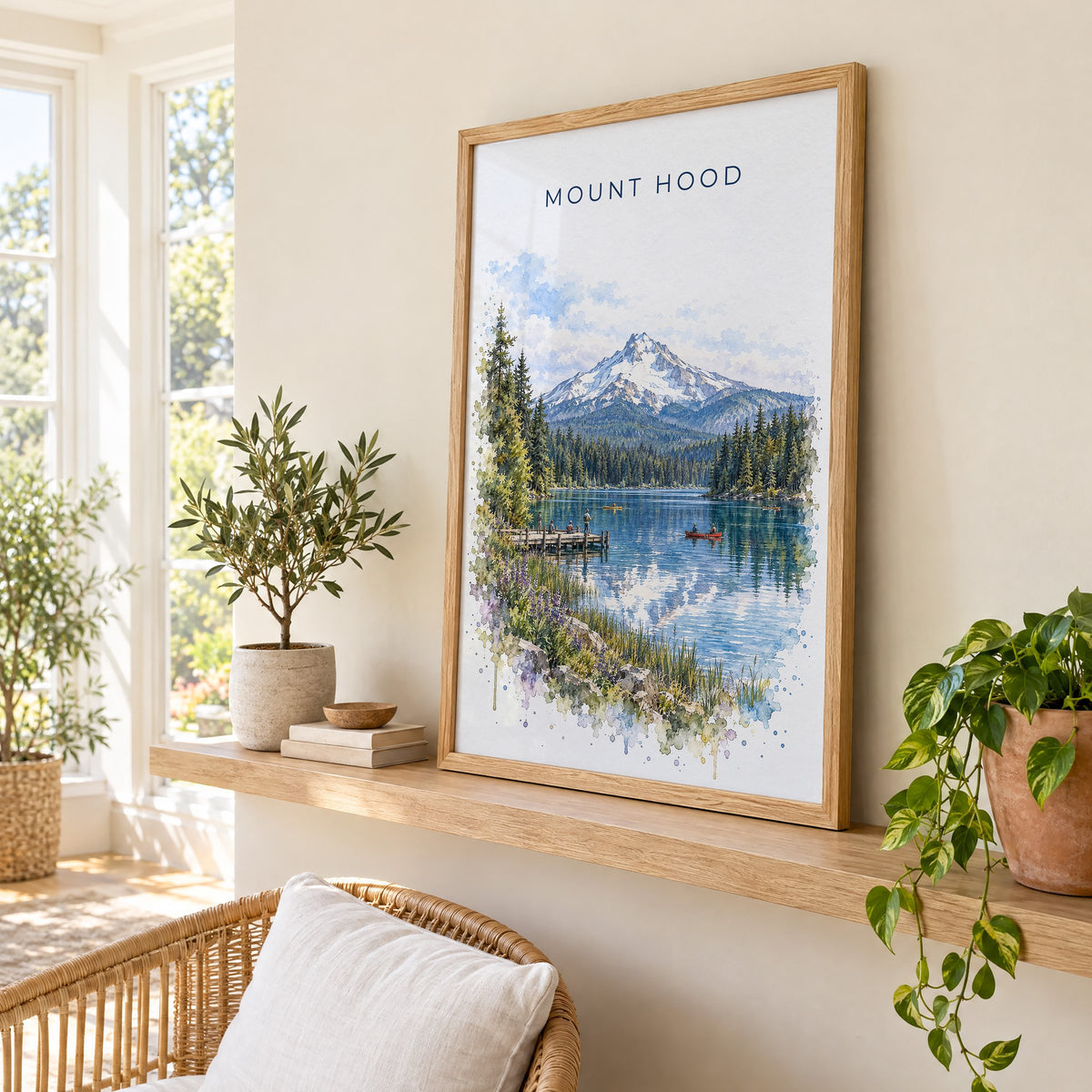 Mount Hood watercolor print in an oak frame on a picture ledge in a sunlit sunroom