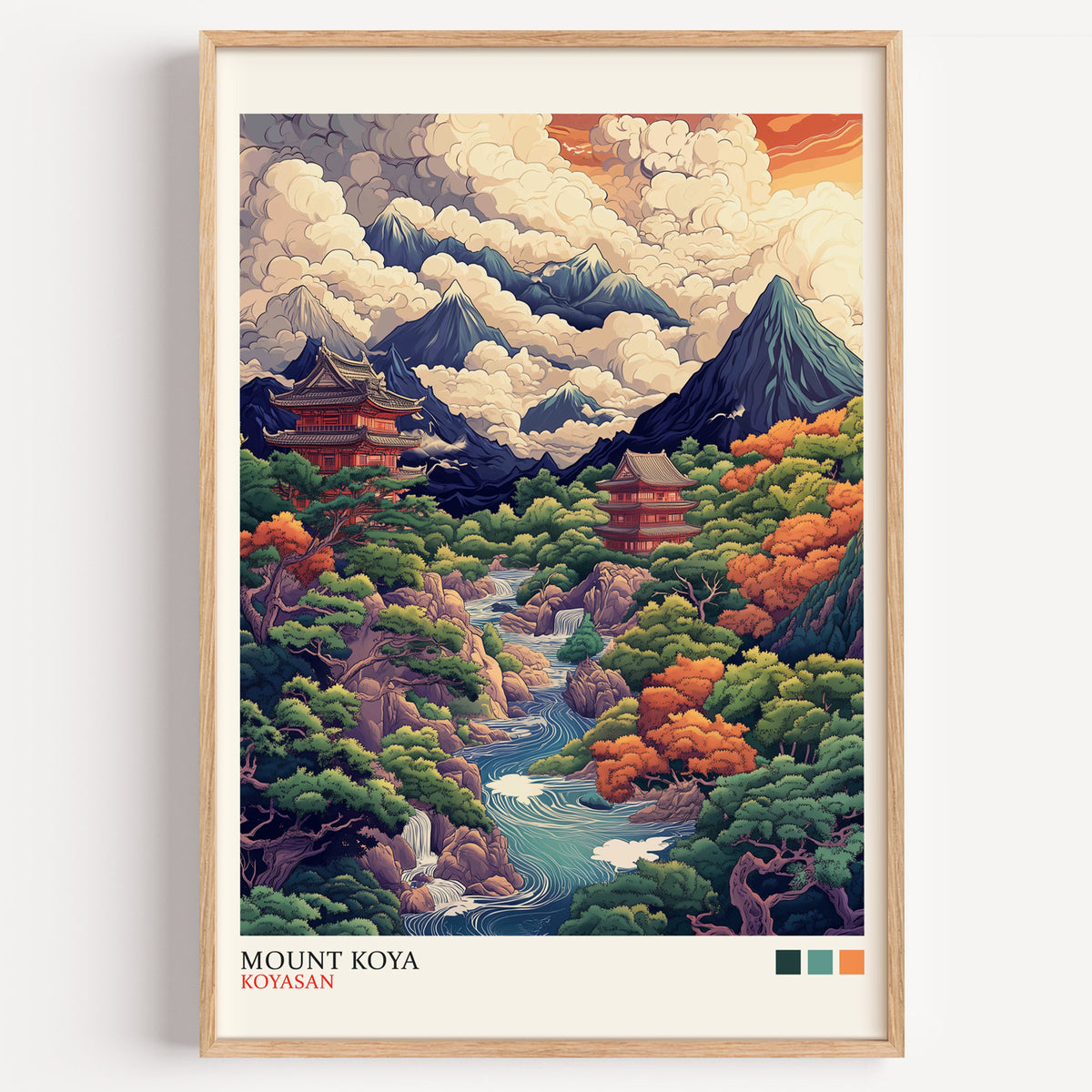 Mount Koya red temple ukiyo-e print in a light oak frame on a plain white wall