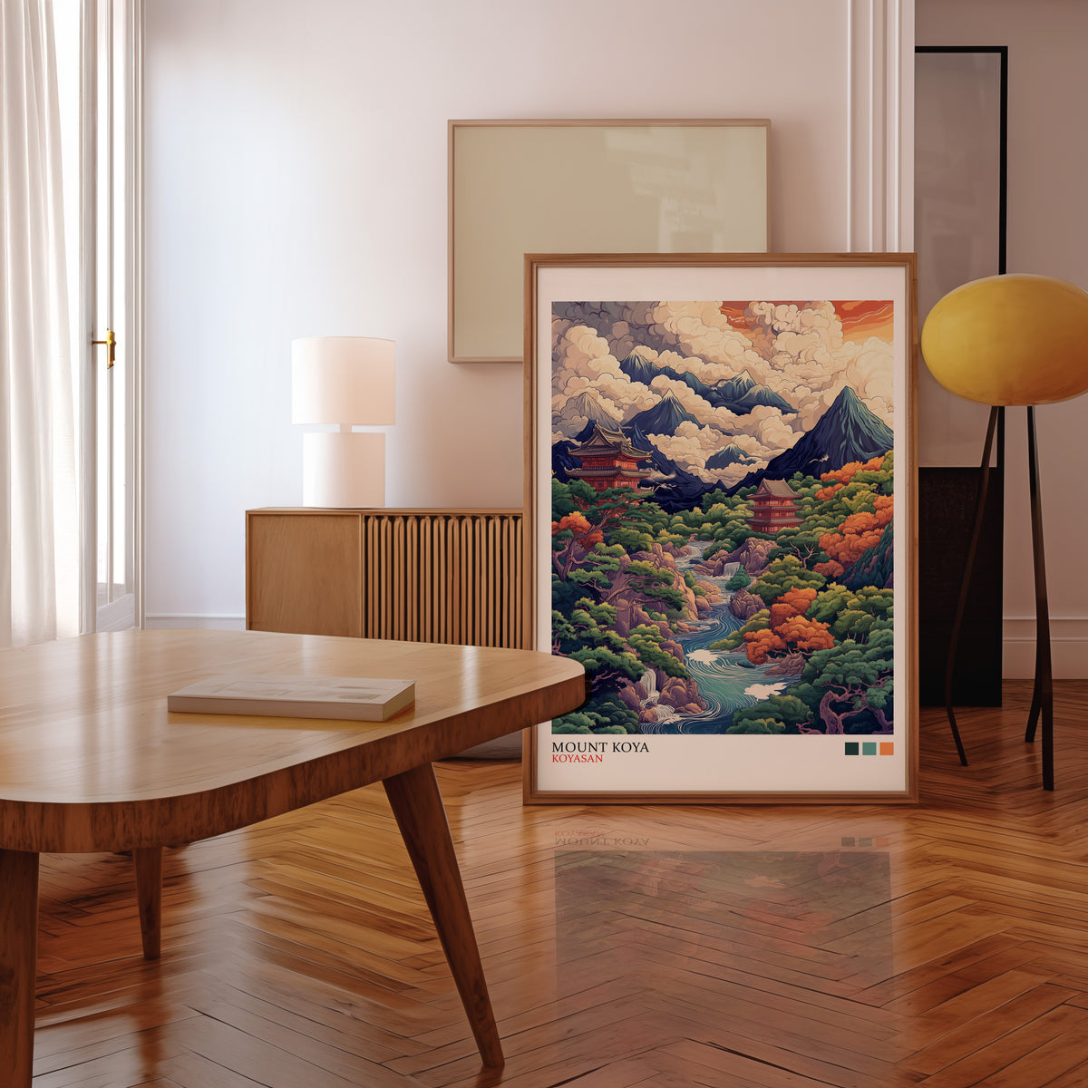 Mount Koya red temple ukiyo-e print in a walnut frame leaning in a mid-century living room